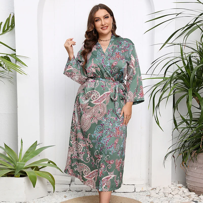 Plus Size 5XL Women Robe Sleepwear Vintage Ethnic Style Print Flower Kimono Bathrobe Gown Summer Long Rayon Nightgown Home Dress