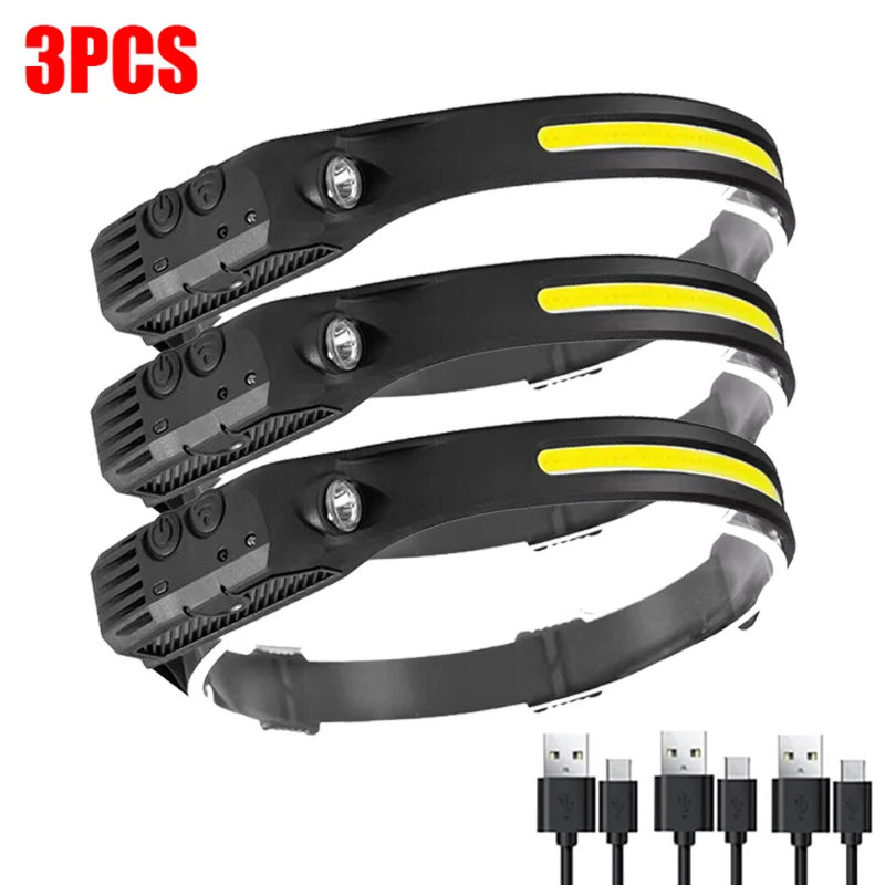 1~5Pack Headlamp USB Rechargeable LED Sensor Flashlight XPE+COB Torch Camping Waterproof Headlight for Fishing Lantern, image 10