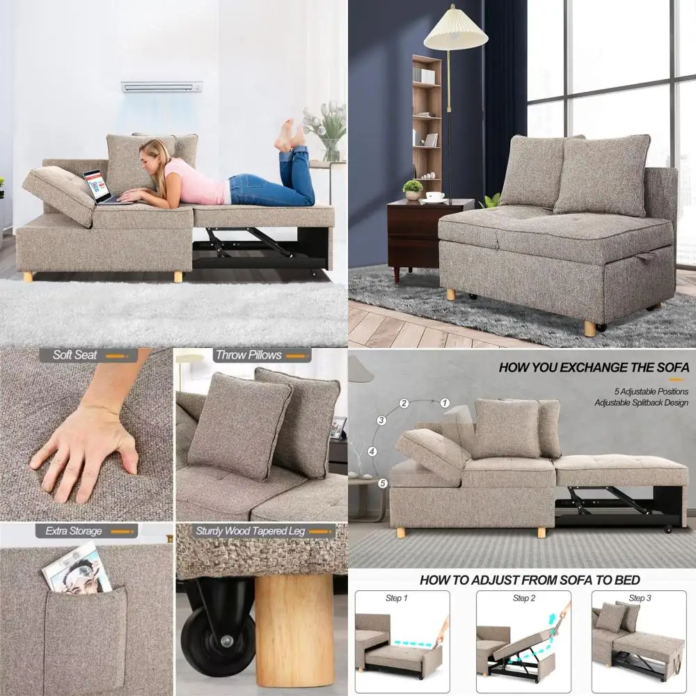 poltrona letto convertibile 4 in 1, divanetto in lino a 3 posti con cuscini, poltrona reclinabile compatta per piccoli spazi