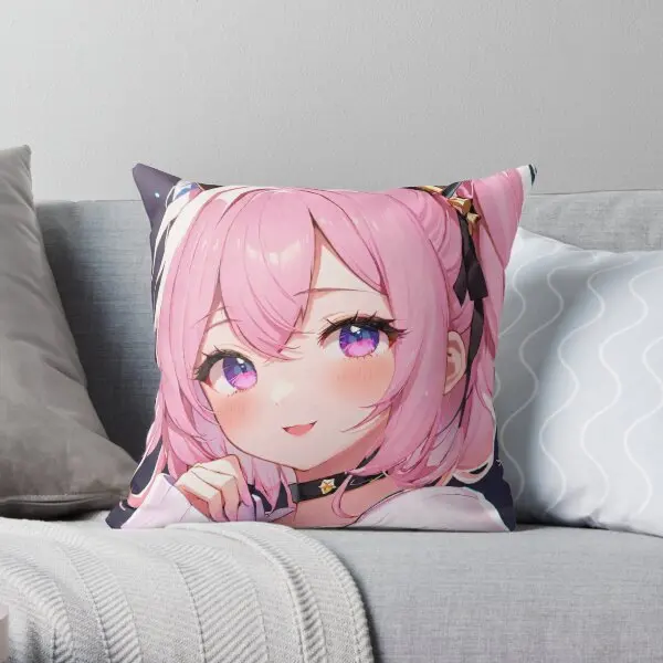 Uwu Anime Cat Girl Pink Hair  Printing Throw Pillow Cover Soft Bedroom Cushion Fashion Square Hotel Pillows not include One Side