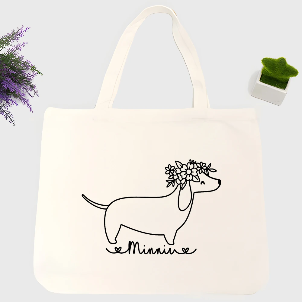 Women's dachshund with flower crown canvas tote bag, minimalist design for daily shopping and casual outings