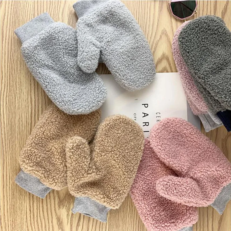 Women Winter Korean Coral Fleece Thicken Warm Mitten Plus Velvet Halter Outdoor Stretch Knit Wrist Windproof Plush Glove H4