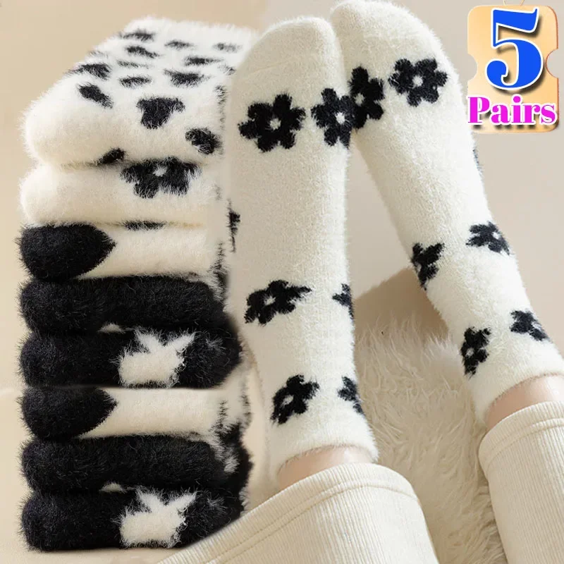 Warm Mink Plush Socks Women Ins Leopard Print Solid Winter Soft Coral Fleece Sock Thermal Super Thick Snow Home Sleep Floor Sox