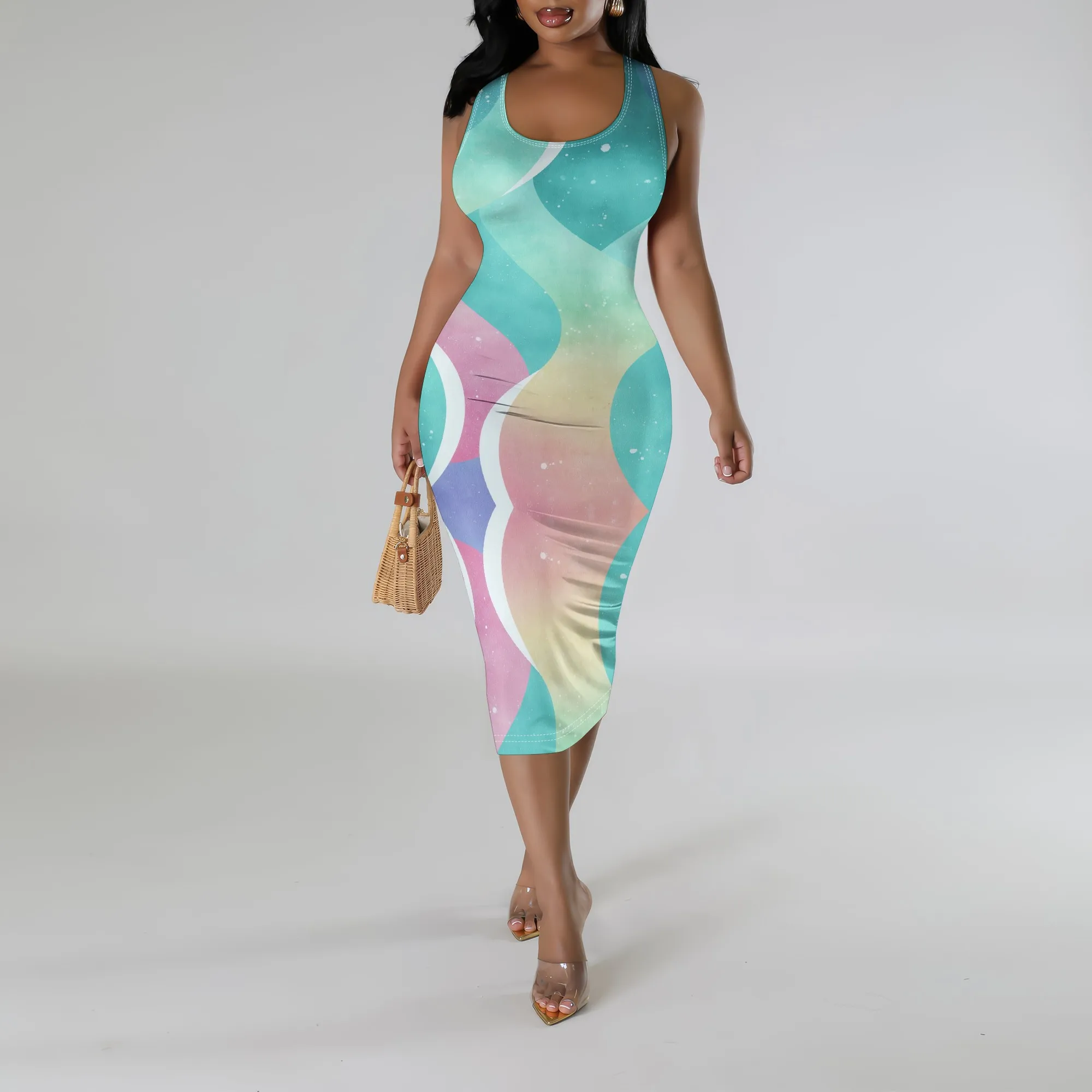 

Pastel Rainbow Wave Print Bodycon Midi Dress XS‑3XL Sleeveless Scoop Neck Style for Summer Vacation, Brunch or Beach Date Look