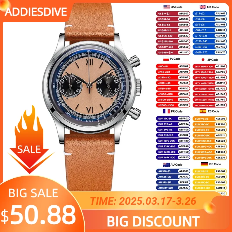 ADDIESDIVE 38mm Chronograph Quartz Watch 60min Business 100m Diving Men's Leather Watches Bubble Dome Mirror Retro Wristwatches