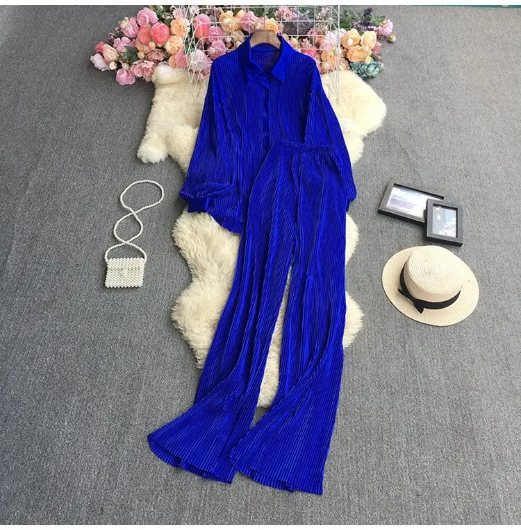 Women Casual Two Piece Set Outfits Office Lady Long Sleeve Elegant Loose Shirt And Pressed Pleated Long Wide legPants Autumn Set