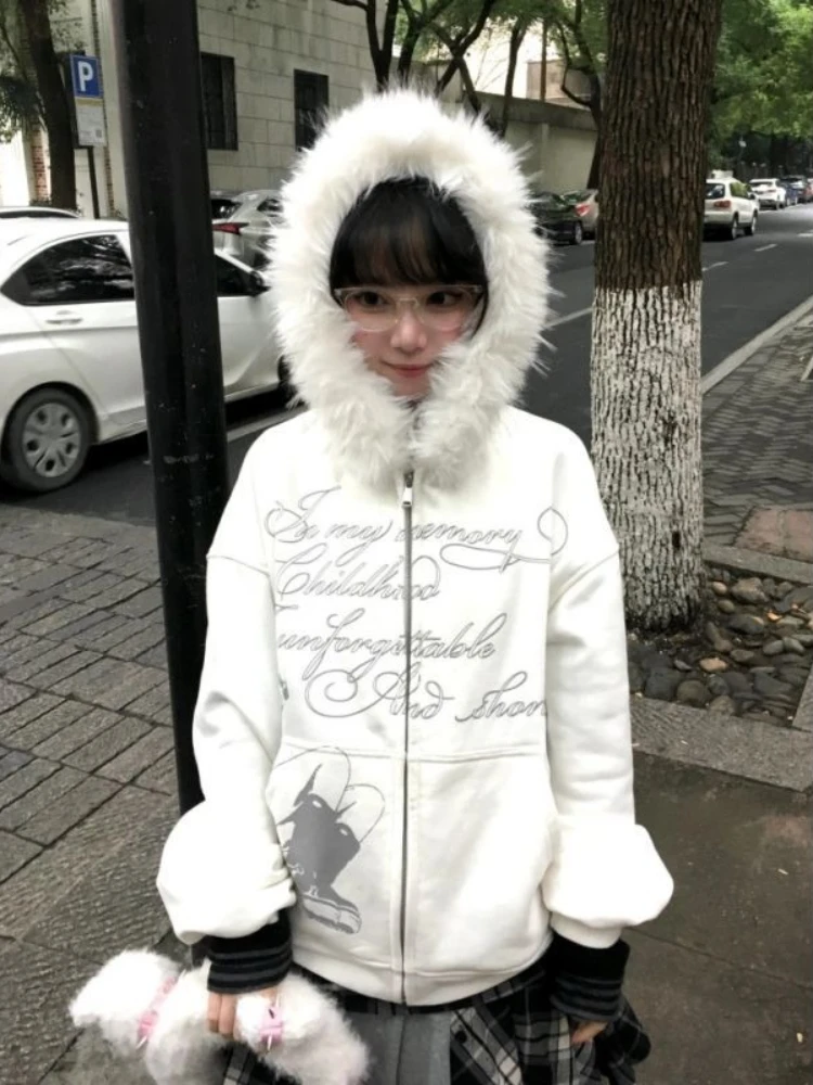 American Y2k Light Fur Collar Subculture Retro Sweatshirt Women's Autumn Winter High-end Hooded Cardigan Loose Gothic Jacket