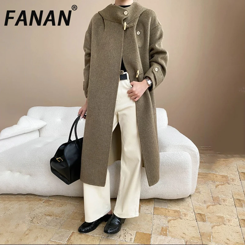 

FANAN толстые теплые шерстяные пальто для женщин, дизайн с капюшоном, однобортная офисная женская длинная верхняя одежда, элегантная одежда, новинка зимы