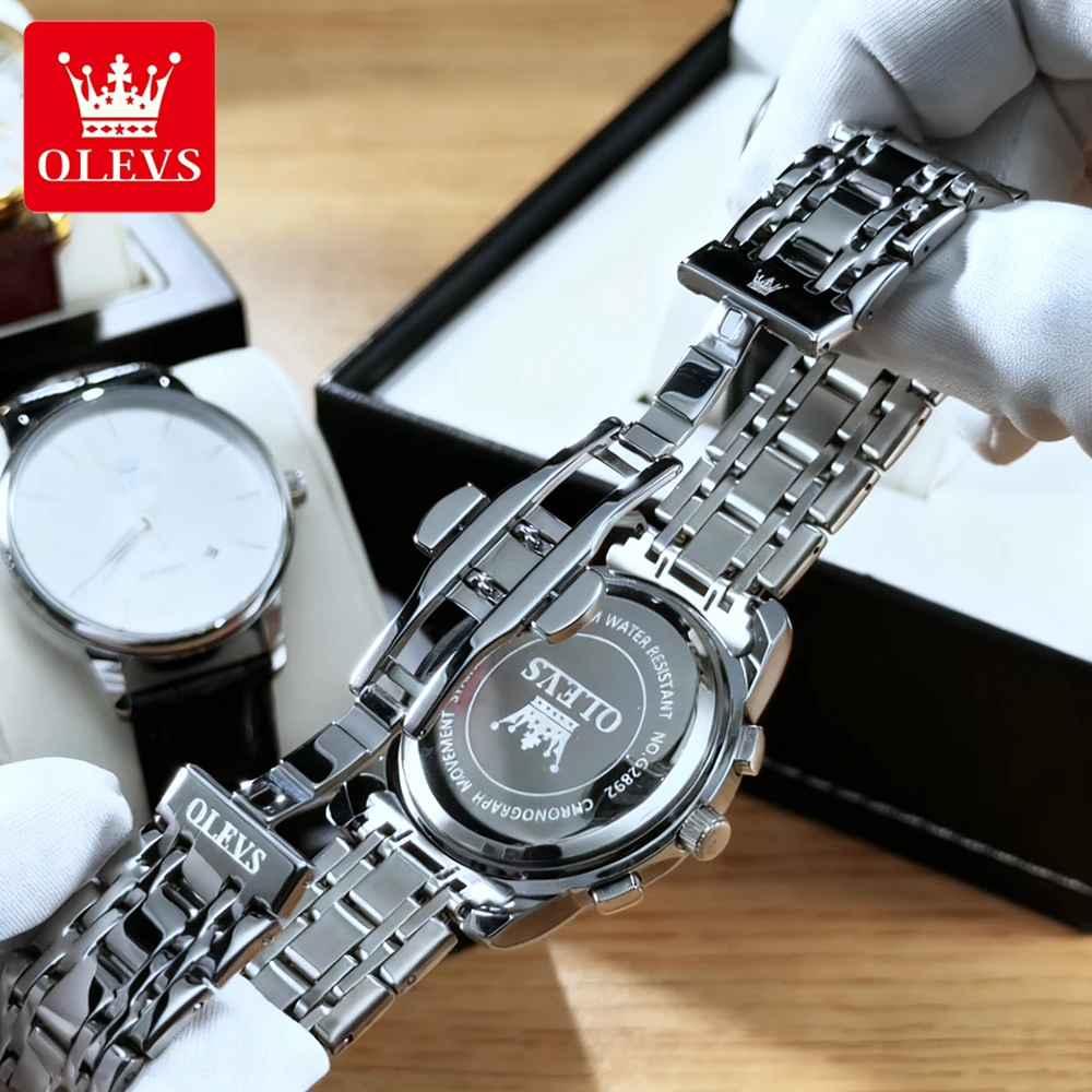 OLEVS Top-Marke Herrenuhren, wasserdicht, feiner Stahl, Original-Quarz-Armbanduhr für Herren, leuchtender Mondphasen-Chronograph, Datum 2892