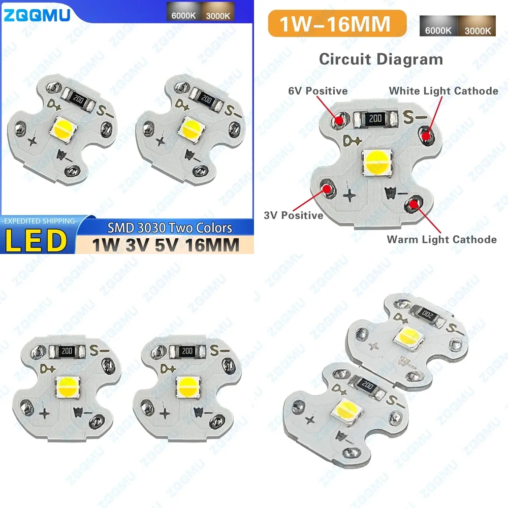 10pcs 1W 3V 5V LED Light Board 3030 Dual Color Lamp Beads 16MM SMD LED Source for DIY Lighting Projects Strip Bulb Replacement