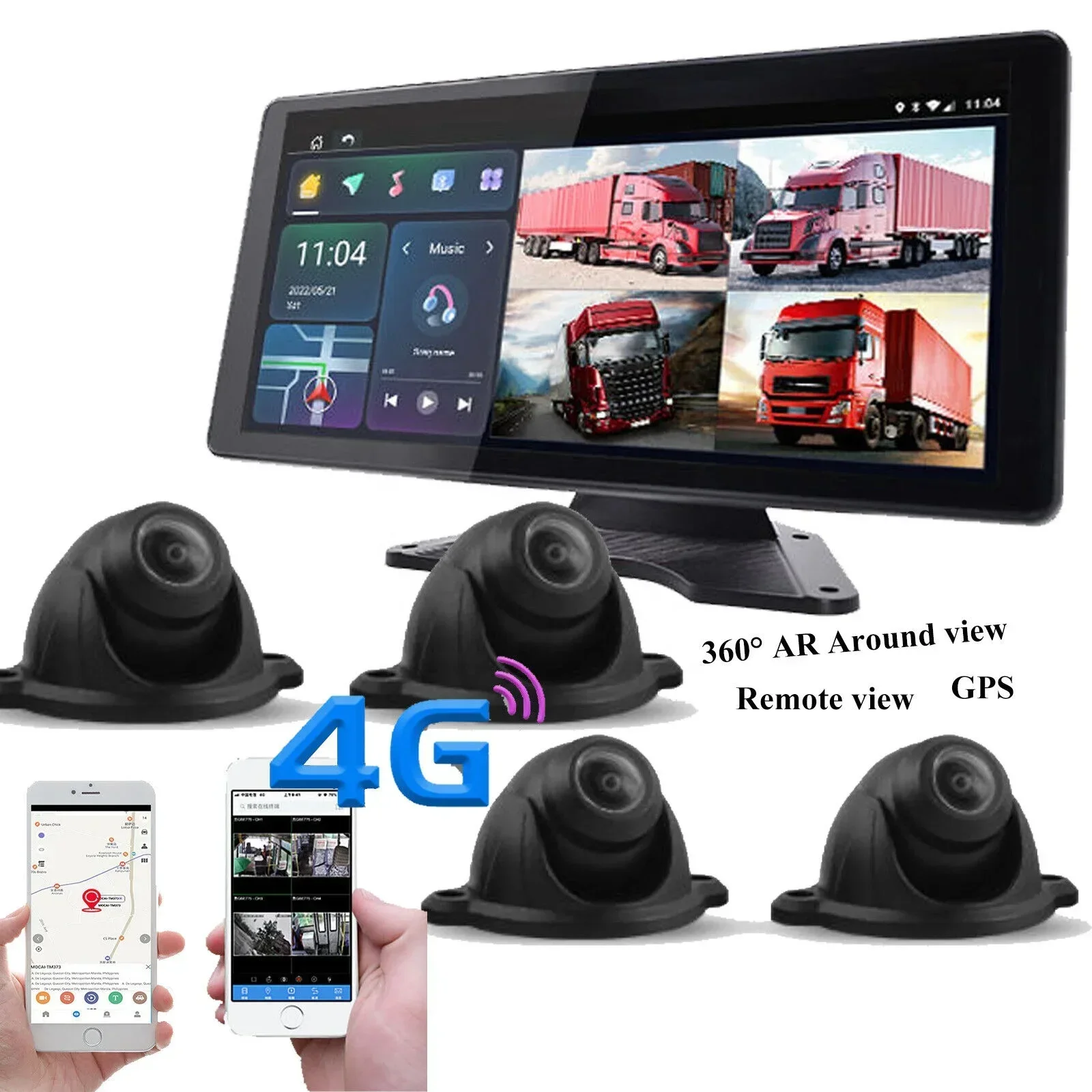 New IPoster Truck Car 10.36in Quad Split IPS Monitor With DVR Android 360 Degree Panoramic AR View 4G GPS Remote View AI Camera