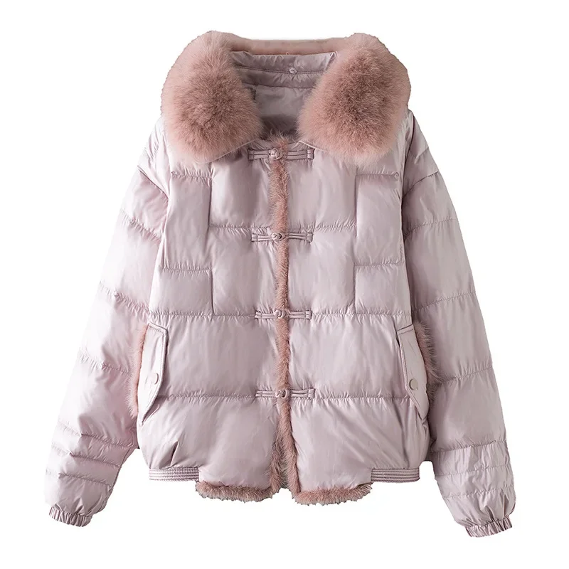 2024Real Fox Fur Collar Winter Women 90%White Duck Down Jacket Ladies Short Warm Puffer Coat Female Loose Vintage Parka