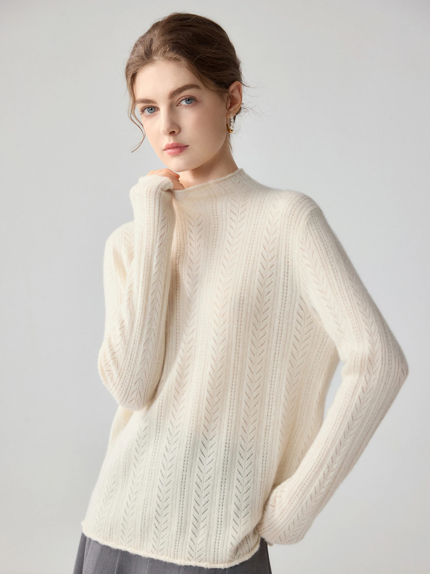 TLOML Women’s 100% Cashmere Knitwear Curled Edge Mock Neck Hollow Out Pullover Autumn Winter Cashmere Sweater Soft Casual Tops