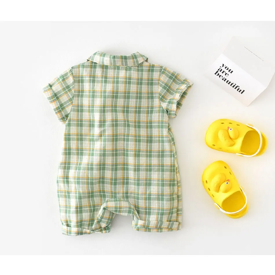 Newborn Romper Children Button Plaid One-Piece Toddler Casual Onesie Infant Summer Penguin Pajamas Plaid Sleeper 3-24 Months