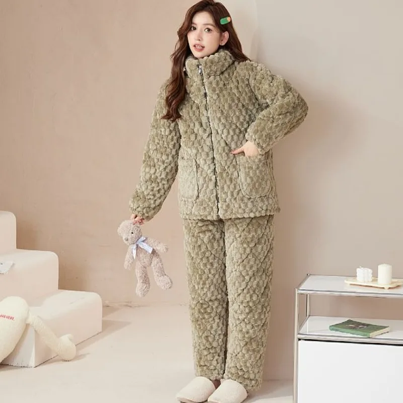 2024 New Winter Women Pajamas Zipper Three-layer Padded Warm Sleepwear Suit Cotto Velvet Casual Homewear Stand Collar Loungewear