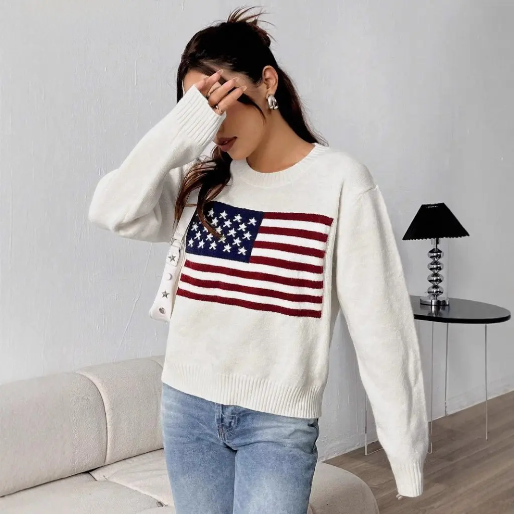 

Women's American Flag Pullover round Neck Sweater Casual Loose All-match Autumn Winter Fashion Style