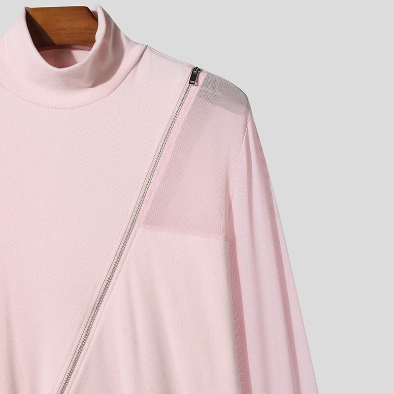 INCERUN Herren Unregelmäßiges T-Shirt mit Netz-Patchwork, Rollkragen, Langarm, Reißverschluss, Streetwear 2026, Transparente Herrenbekleidung – Detail 15