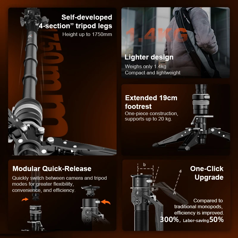 كومان M1 M1 Pro V5 ألياف الكربون السفر Monopod الإفراج السريع لوحة DSLR حامل كاميرا خفيفة الوزن بنقرة واحدة رفع حامل ثلاثي القوائم