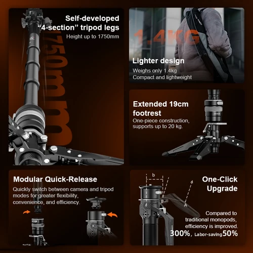 Imagen 2 del producto Trípode monopié COMAN M1 de fibra de carbono con placa de liberación rápida para soporte de cámara DSLR soporte ligero de viaje de elevación con un clic