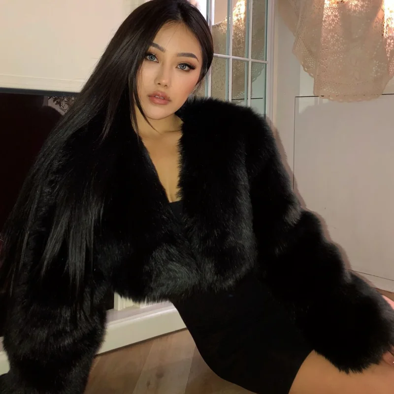 Black Imitation Fox Fur Coat Short Women\'s Winter Coat Thick Warm High Waist Faux Fox Fur Coat Fluffy Coat New Coats Women