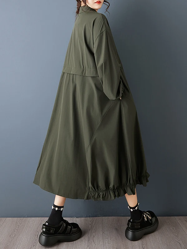 k Sle Midi Dr irt Dr Ele Spring Faion Damenbekleidung, lockere Taille, langer Sve-Knopfverschluss, Alltagskleidung