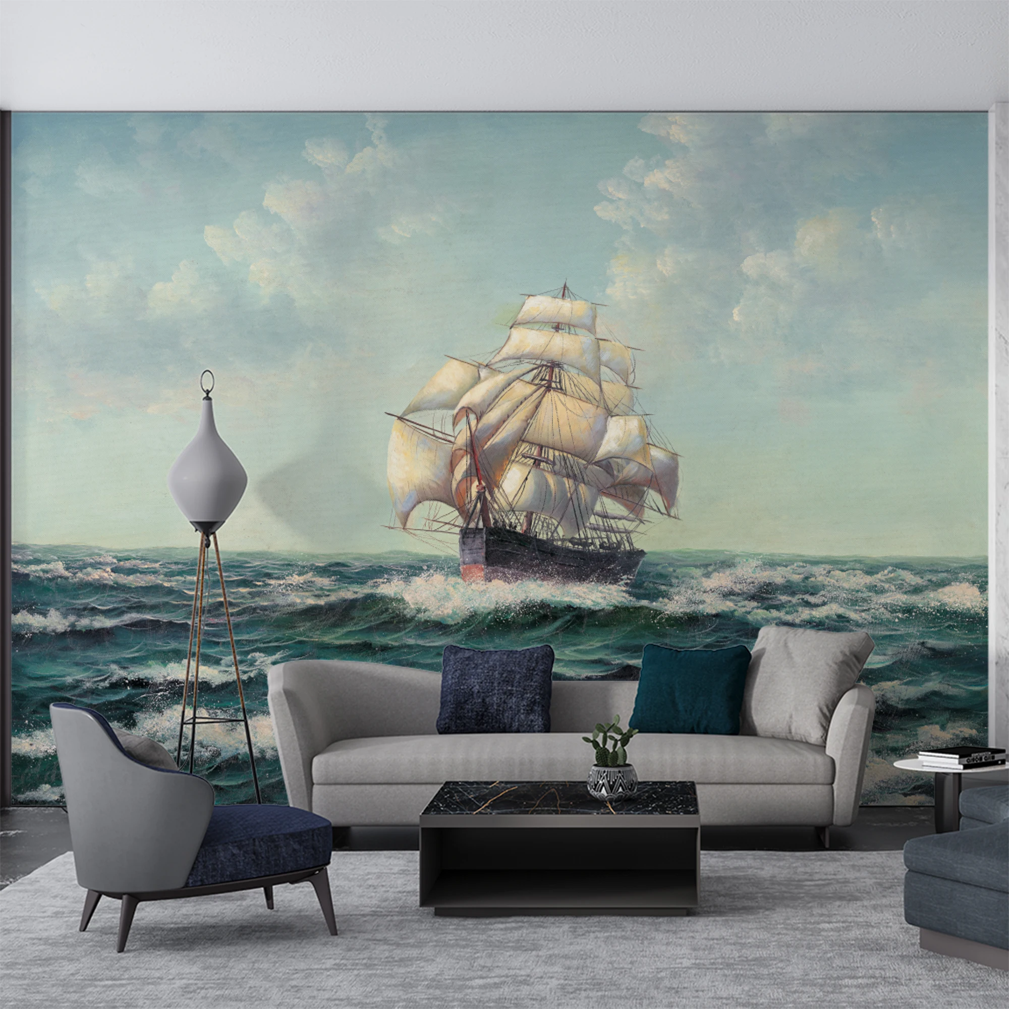 Custom Mural Wallpaper Vintage Oil Painting Sailing Ship on Ocean, Retro Sea Wave Wall Mural for Study Room Decor