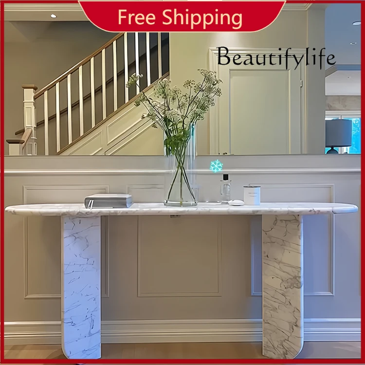C French Large White Retro Medieval Marble Entrance Table Oval Design Sense Household Entrance Entrance