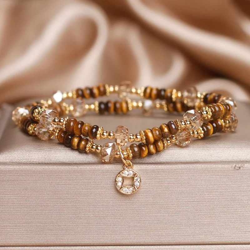 Double Circle Eye Abacus Bead Bracelet for Women Vintage Stackable Coin Pendant Lucky Crystal Hand String Original Jewelry Gift