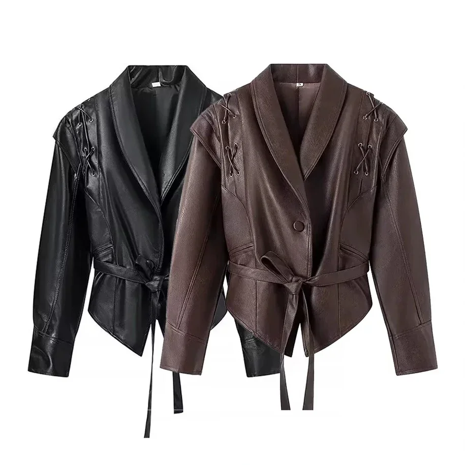 

Women's Leather Bomber Jacket with Belt Notched Shoulder Pads Motorcycle Street Chic Short Outwear Fashion Lace-Up Autumn Coat