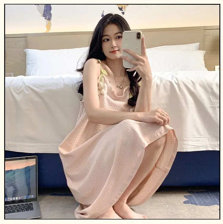 Women Cute Nightgown Pajamas Milk Silk Floral Sleepwear Dress Sweet Spaghetti Strap Nightdress Girls Cozy Home Clothing Dress