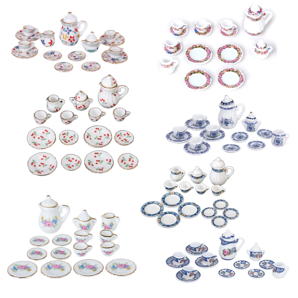 

Miniature Porcelain Tea Set Cherry Pattern Cup Plate Dollhouse Dining Ware for 1 12 Scale Dollhouse Miniatures