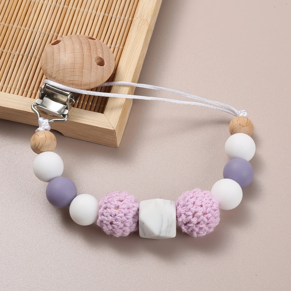 Beech Wood Dummy Holder Clips Wooden Felt Ball Silicone Beaded Baby Pacifier Chain For Food Grade Appease Nipple Chain Care Toy