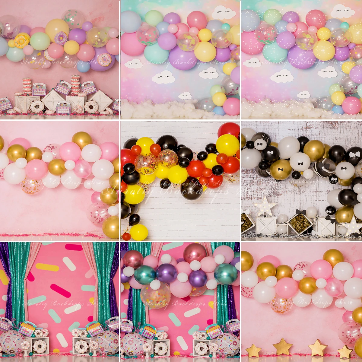 

Birthday Colorful Balloon Backdrops Kids Cake Smash Props Baby Child Photocall Decors Gift Box Doughnut Background