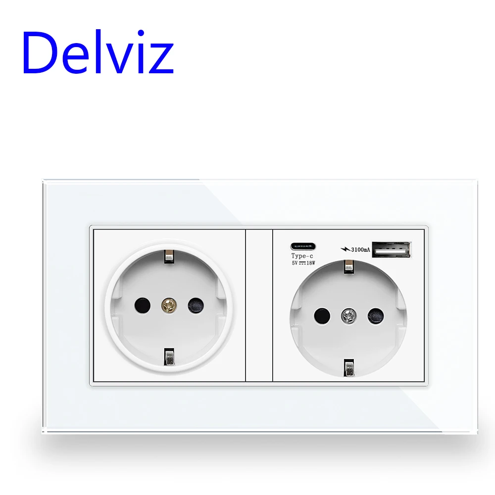 Delviz Dual wall socket Type C interface for fast charging，EU standard USB outlet Crystal glass bezel，3100mA Quick charging port