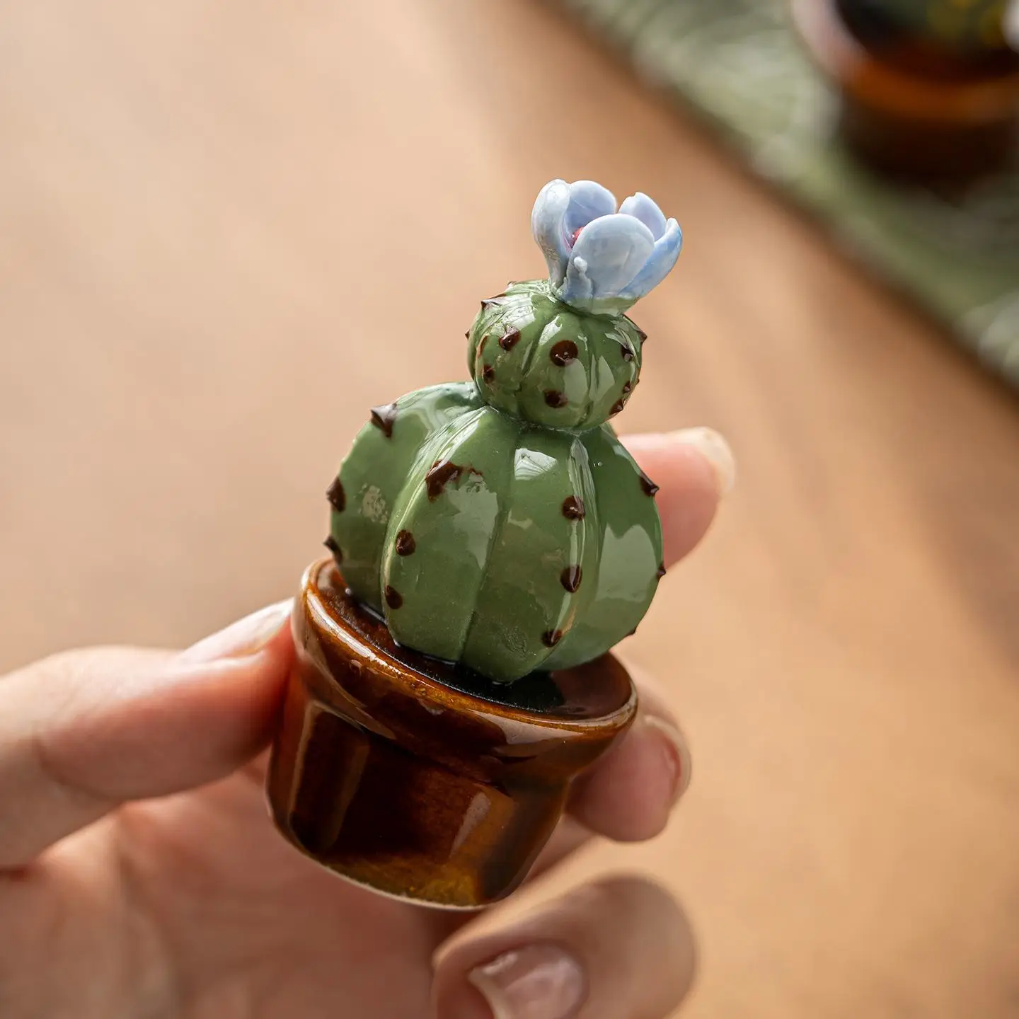 Glossy Green Mini Cactus Figurine - Handmade Ceramic Succulent Sculpture, Cute Desk Decor for Home Office,Farmhouse Shelf Accent