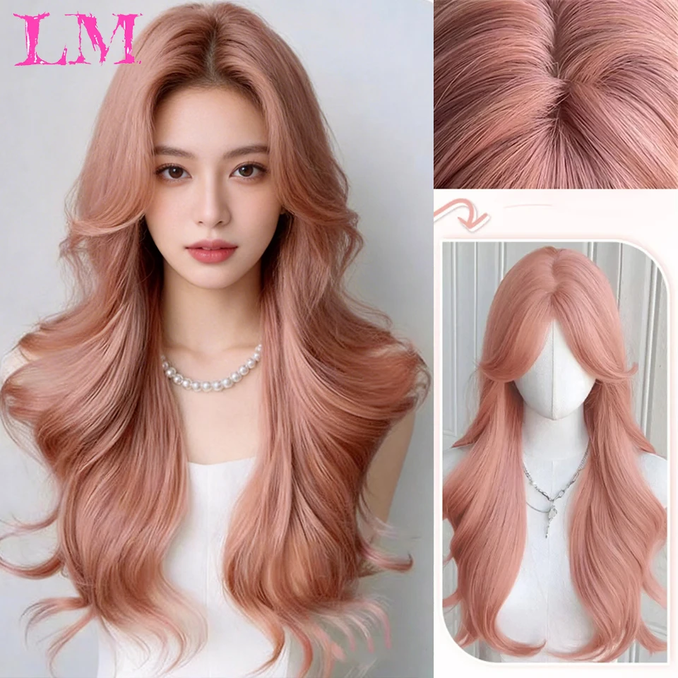 

LM Synthetic Wigs Long Wavy Pink Wigs for Women Daily Party Synthetic Hair Wig with Bangs Halloween Costume Carnival Lolita Wig