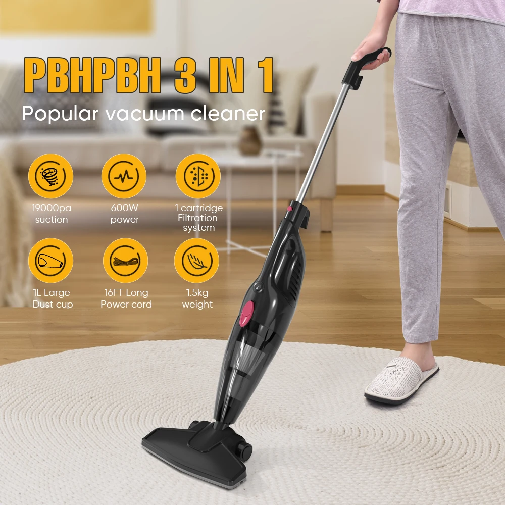 PBHPBH corded vacuum cleaner, great for cleaning pet hair, rooms, and various other situations. It features 19,000Pa strong suction, a 5-meter extra-long power cord, a washable filter, 150° flexible rotation, and comes with a flat nozzle brush.