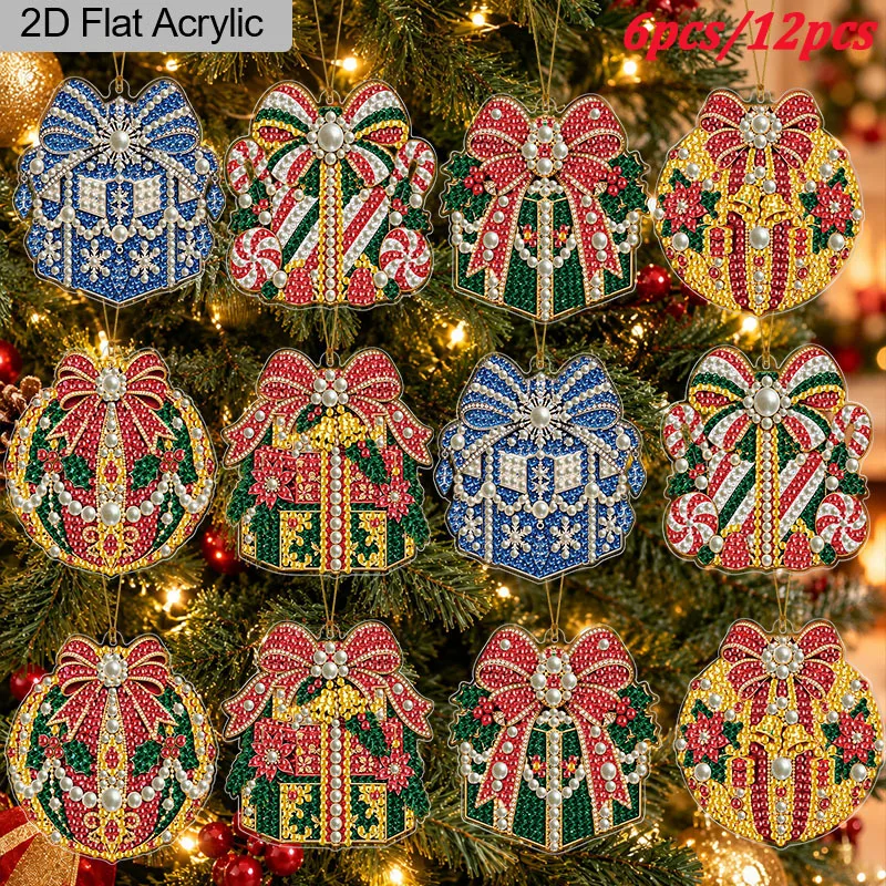 2D Flat 6/12Pcs Christmas Gift Box Pearl Diamond Painting Hanging Ornament, DIY Acrylic Pearl Diamond Art Kits for Adults, Bow