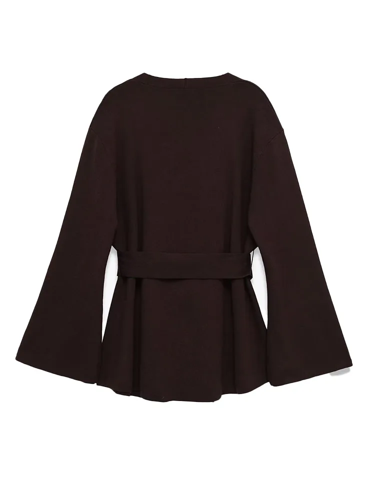 HH المرأة الموضة الرجعية تنوعا الخامس الرقبة طويلة الأكمام حزام محبوك سترة الإناث بسيطة شارع العليا سترة غير رسمية سترة معطف