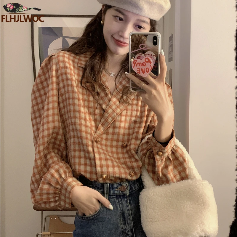 Cute Retro Vintage Double Button Cotton Tops Women New FLHJLWOC Design Chic Korea Japan Girls Long Sleeve Plaid Shirts