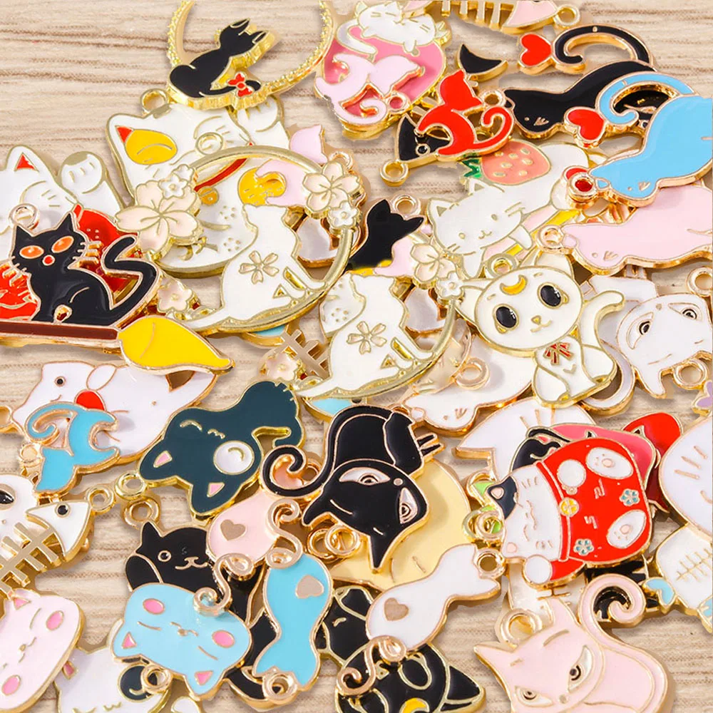 Tusember 10 Stück Mix Niedliche Kätzchen-Emaille-Anhänger Kawaii Katzen-Charms für Schmuckherstellung Ohrringe Halskette Handgemachtes Zubehör – Detail 1