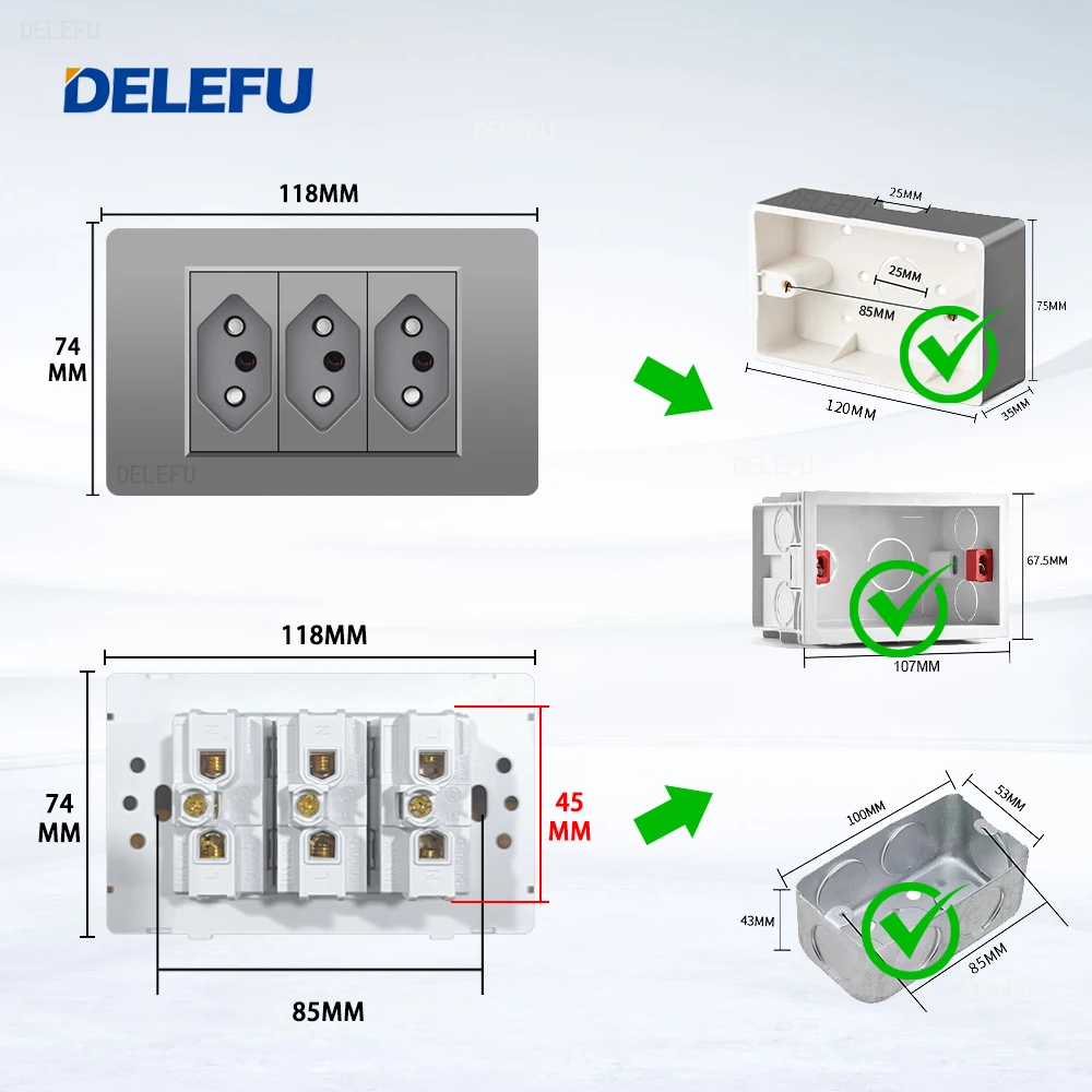 Delefu Brazilian Italy America Eu Standaard Socket Switch Usb Snel Opladen Type C Sleutel Diy 4*2 4*4 Panel Functie Moudule Grey