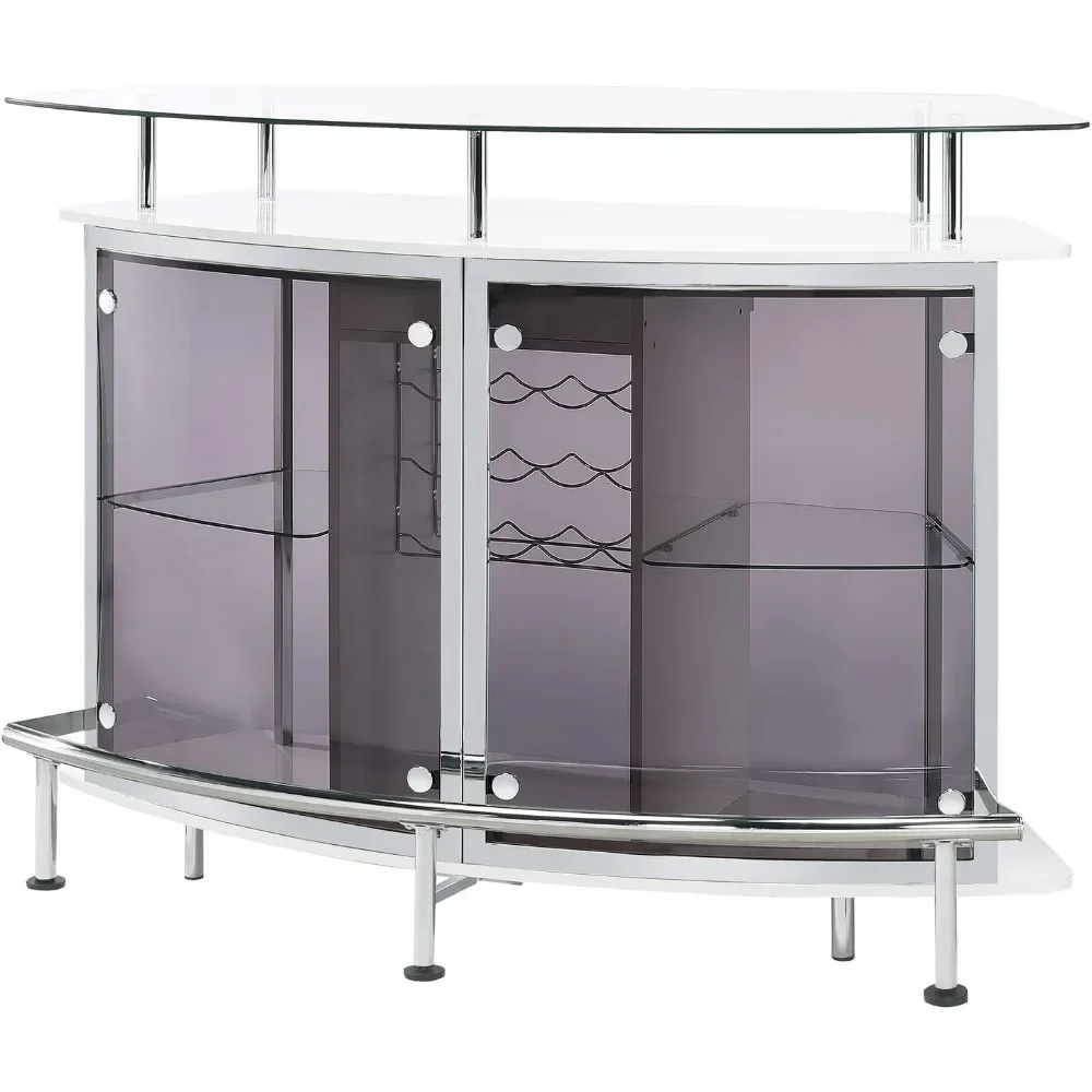 Modern Home Bar Table Wine Storage Cabinet, Tempered Glass Top & Shelves Smoked Acrylic Panels, White High Gloss & Chrome