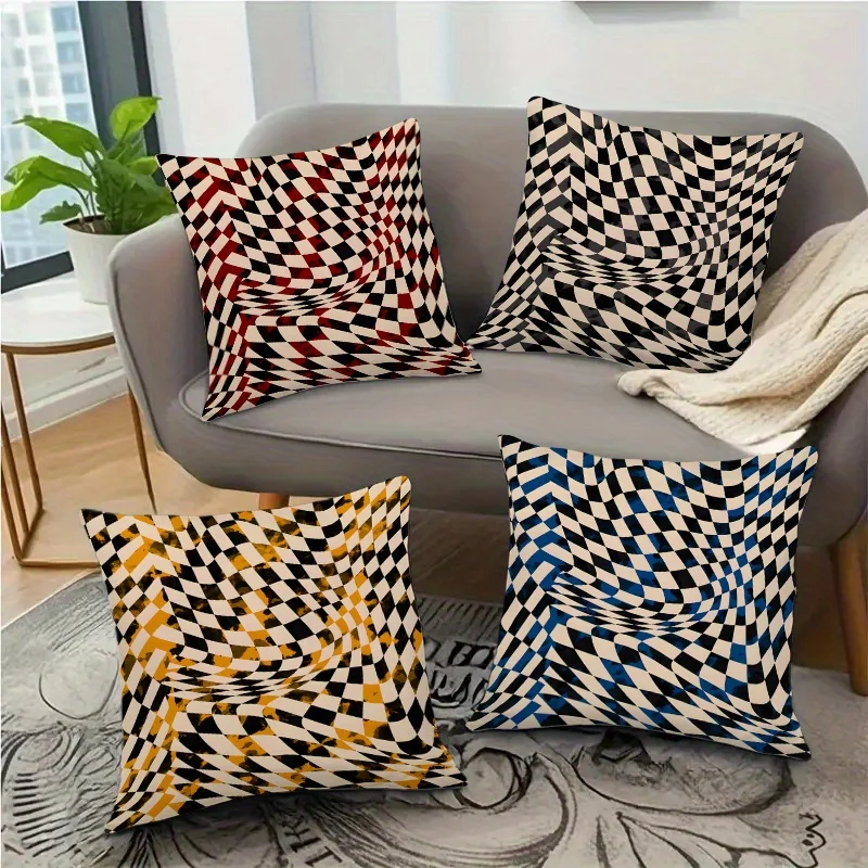 4pcs Stylish Twisted Chevron Pattern Throw Pillow Covers, Blue, Yellow, Red, Black Element Cushion Covers, Square Sofa Pillow Co