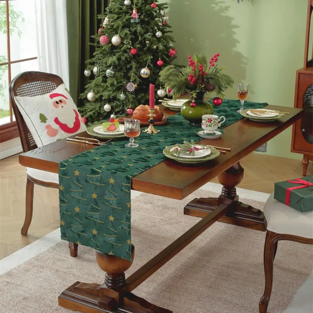 

Plush Embroidered Christmas Tree Table Runner Embossed Design Long Christmas Table Cover Rectangular Dining Tablecloth