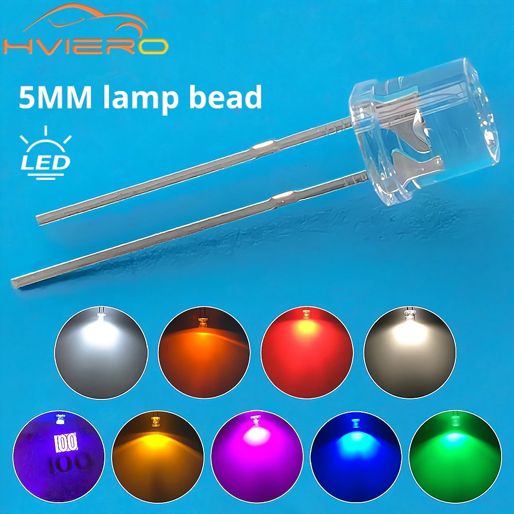 100 pièces 5mm à dessus plat blanc rouge jaune bleu vert Diode électroluminescente LED ampoules Ultra lumineuses grand Angle F5 5mm Diodes de lampe