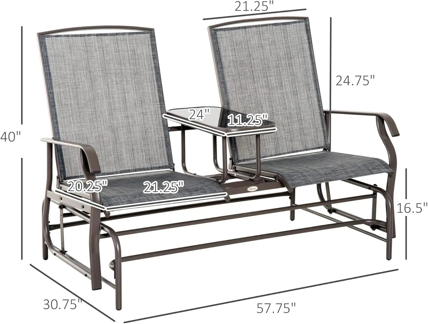 Buiten Zweefvliegtuig Bank Met Middentafel, Metalen Frame Terras Loveseat Met Ademende Mesh Stof En Armleuningen Voor Backyar