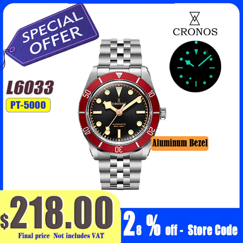 Image of Cronos Luxus-Herrenuhr 37mm Diver BB54 Vintage Automatik Miyota9015 Pt5004 Armbanduhren Damen Endglieder Saphir 20 Bar L6033M