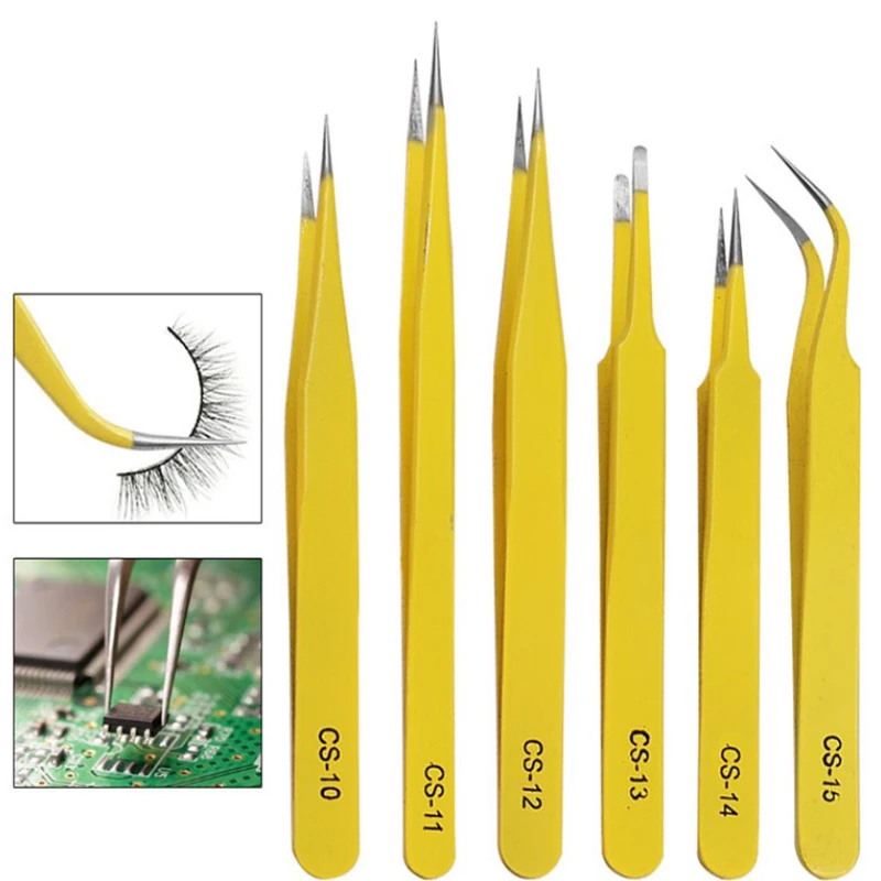 Pinzas antimagnéticas antiestáticas amarillas de acero inoxidable, herramienta de reparación de teléfono electrónico, pinzas para cejas y pestañas, 1 ud.