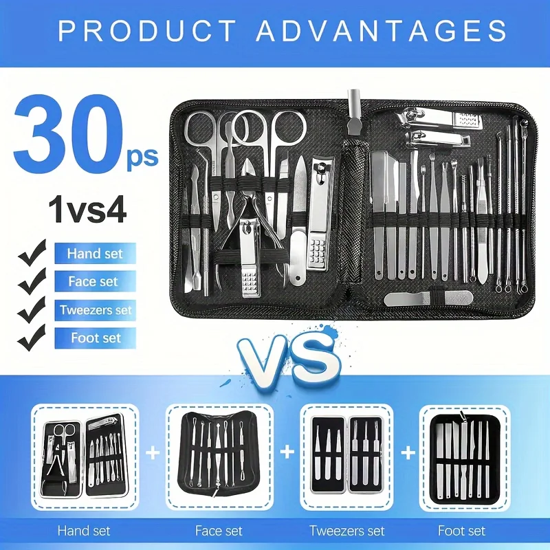 Ensemble d'outils de manucure avec étui de voyage portable, coupe-ongles professionnels, kit de coupe-ongles, 30 pièces